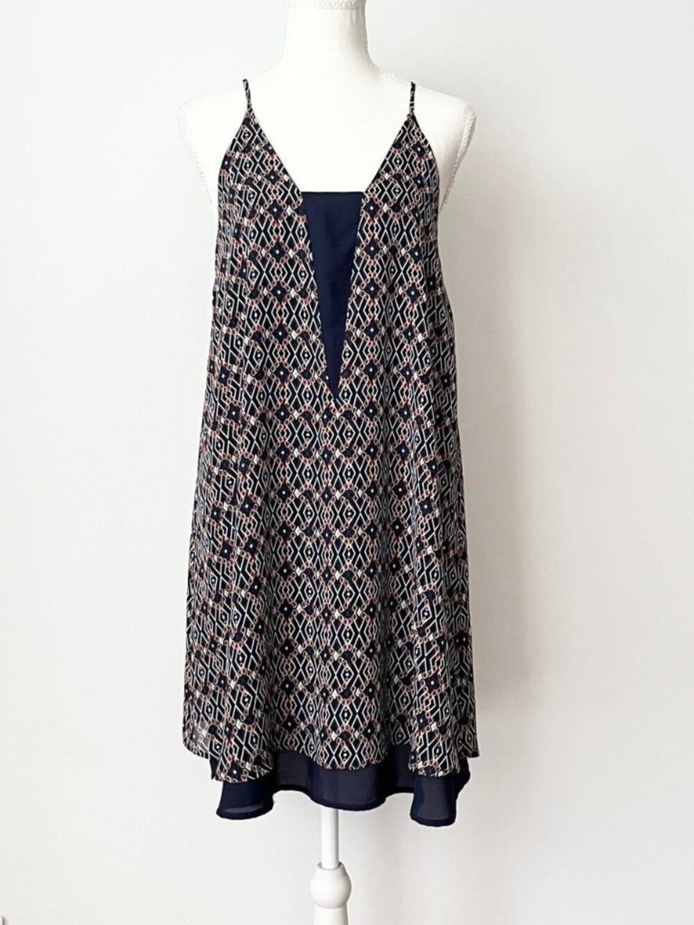 Ezra Print Mini Dress Size S Navy Blue Geometric Straps Trapeze Retro Summer USA